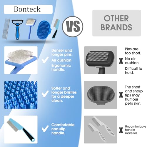 Bonteck Dog Slicker Brush for Dogs Grooming Kit 5PCS | Large Dog Brush for Goldendoodles Poodles Doodles | Long Pin Haired Brush | Poodle Brushes and Comb (Blue) - color: Blue
