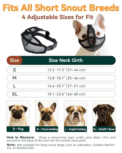 Short Snout Dog Muzzle for French Bulldog, Pug, English Bulldog, Soft Mesh Breathable Muzzle, Anti Biting Chewing Barking, Adjustable Pet Muzzle for Small Medium Dogs