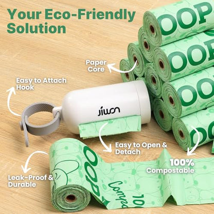 JIWON Dog Poop Bag Dispenser with 100% Compostable Refill Roll, Thick & Leakproof, Plant-Based, Fits Any Leash, 1 Dispenser and 15 Bags (1 Roll), Unscented - style: Dispenser