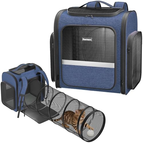 Cat Carrier Backpack with Detachable Play Tunnel, 2 in 1 Cat Tunnel Backpack Suitable for Carrying & Playing, Expandable Pet Carrier for Small Medium Kitten Puppy, Suitable for Travel Hiking Camping - color: Blue+Tunnel