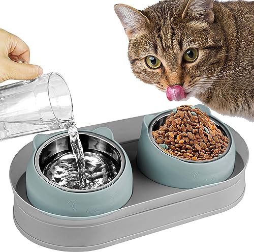 Elevated Raise Tilted Cat Food Bowls,with Stand Stainless Steel, Anti Vomiting, Double Cat Food and Water Bowl Set (Grayblue) - color: Grayblue