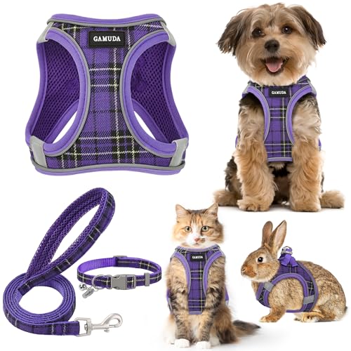 GAMUDA Small Dog Harness Collar and Leash Set, Step in No Chock No Pull Soft Mesh Adjustable Dog Vest Harnesses Plaid Reflective for Dogs Puppy Cats Kitten Rabbit (Purple, XXS) - color: Purple, size: XXS