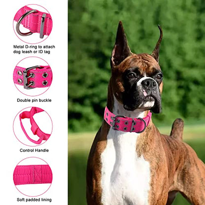 Reflective Dog Collar Heavy Duty Tactical with Control Handle and Metal Buckle for Dog Training(Large, Pink) - color: Pink, size: Large (Pack of 1)