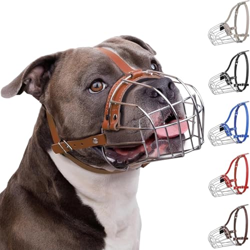 BRONZEDOG Pitbull Dog Muzzle Breathable Metal Basket for Large Dogs Amstaff Staffordshire Terrier Biting Chewing Barking (Leather, Brown) - color: Leather, Brown