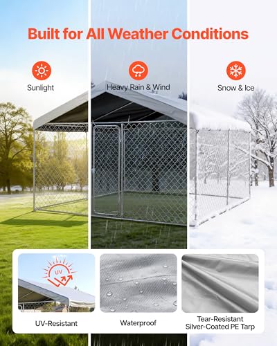 VEVOR Outdoor Dog Kennel, 9.84 x 9.84 x 7.05 ft Large Dog Kennel with Secure Lock, Outside Dogs Enclosures with UV-Resistant & Waterproof Roof Cover, Heavy Duty Pet Crate Cage Run for Large Dogs - size: 118.1"L x 118.1"W x 84.6"H