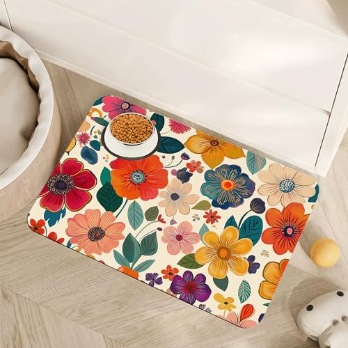 Floral White Dog Food Mat for Floors,Boho Absorbent Quick-Dry Pet Feeding Mat,Cat Dog Bowl Mats for Food and Water,Non-Slip Pet Accessories Supplies 12"x20" - color: Floral White BoHo, size: 20"L x 12"W