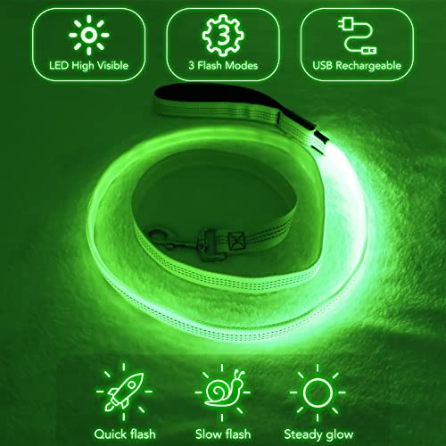Light Up Dog Leash, USB Rechargeable, LED (4FT,Green & Reflective Wires) | Glow in dark, reflective, USB-C rechargeable, bright LED for night safety, fits small to large dogs - color: Green & Reflective Wires, size: 4FT