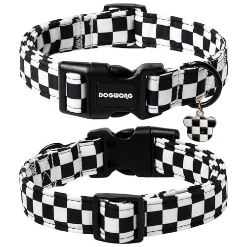 DOGWONG Checkered Dog Collar, Black Plaid Dog Collar Adjustable Soft Natural Fabric Pet Dog Collars Cute Puppy Necklace for Small Medium Large Dogs - color: B: Black Plaid, size: X-Small