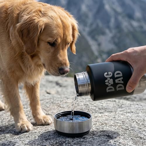 Dog Water Bottle 32oz, Insulated Stainless Steel Travel Water Dispenser with 2 Detachable Dog Bowls for Food and Water, Leak Proof Portable Pet Drinking Cup for Walking Hiking Camping - color: black dog dad