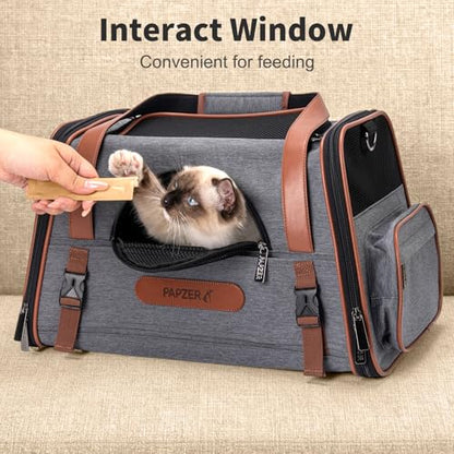 Heavy-Duty Premium Pet Carrier, Medium to Large Cat Carrying Bag with Seatbelt Strap Car Travel, Top & Side Load Crate Durable Foldable Kennel Cage for Small Dogs Under 10 lbs Leather