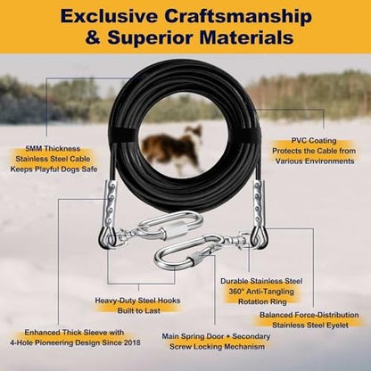 WATFOON Dog Leads for Yard, 1500LBS Break Strength, Stainless Steel Heavy Duty Tie Out Cable for Dogs Training with Dual Rotating Hooks, Water Resistant Dog Chain Leads for Outside Camping (40ft) - size: 40FT