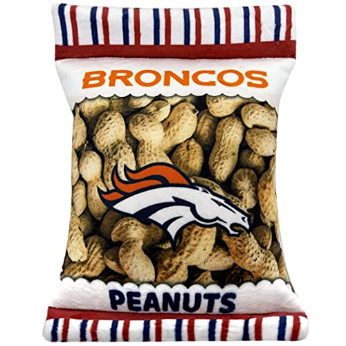 NFL Denver Broncos Crinkle FINE Plush Dog & CAT Squeak Toy - Cutest Stadium Peanuts Snack Plush Toy for Dogs & Cats with Inner Squeaker & Beautiful Baseball Team Name/Logo - color: Denver Broncos, style: STADIUM PEANUTS SNACK