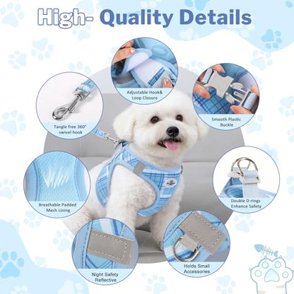Gyuzh Dog Harness and Leash Set, 3-in-1 Step in No Pull Harness Vest Collar for Small Dogs & Cats, Lightweight Breathable Mesh Reflective Plaid with Padded Handle (Blue, L) - color: Blue, size: L