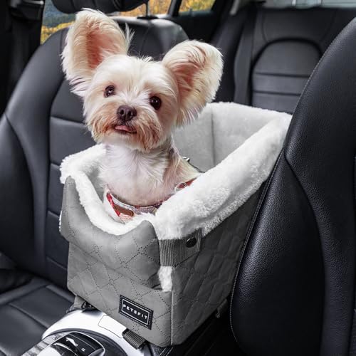 PETSFIT Center Console Dog Car Seat with Safe Protection Hooks, Pet Car Seat with Upgraded Safety Tethers, Washable Cushion, Console Dog Car Seats for Small Dogs Up to 8 Lbs (Grey) - color: Grey