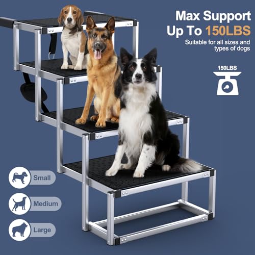 Dog Stairs for Car, Foldable Dog Ramp for Car with Non-Slip Surface, Portable Stairs Aluminum SUV, High Beds, Truck, Supports up to 150 lbs, 4 Steps - size: Standard 4 Steps
