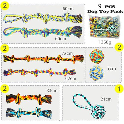 Speedy Panther 9 Pack Large Dog Rope Toys for Aggressive Chewers, 5 Knots Indestructible Chew Toy Kit for Medium Large Dogs, Puppy Teething Tug Toy, Colourful Cotton Dog Rope Toys