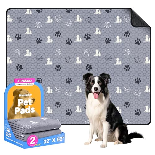 Washable Pee Pads for Dogs, 2 Pack Reusable Puppy Pads, Waterproof Pet Pee Pads for Dog Potty Training, Extra Large Dog Pee Pads for Crate, Playpen, and Whelping, Durable and Absorbent, Grey 32"x52"