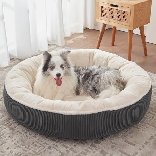 45 inches Donut Dog Bed for Extra Large Dogs,Calming Round Pet Bed with Removable & Washable Cover, Plush Faux Fur & Corduroy, Fits up to 100 lbs Pets(Dark Grey,XL) - color: Dark Grey, size: 45.0"L x45.0"W x10"Th