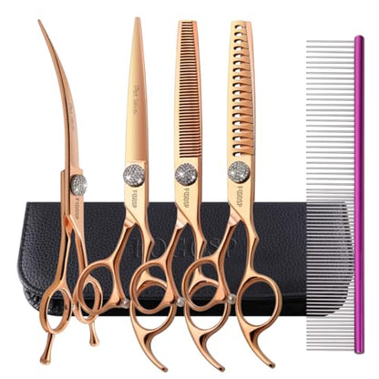 7'' Dog Grooming Scissors Set Rose Gold Titanium 4PCS Curved Thinning Straight Chunkers Shears Kit with White Artificial Diamonds Ergonomic Offset Handle Japan 440C Sharp and Durable - size: 7.0 inch, style: Dog Scissors Kit