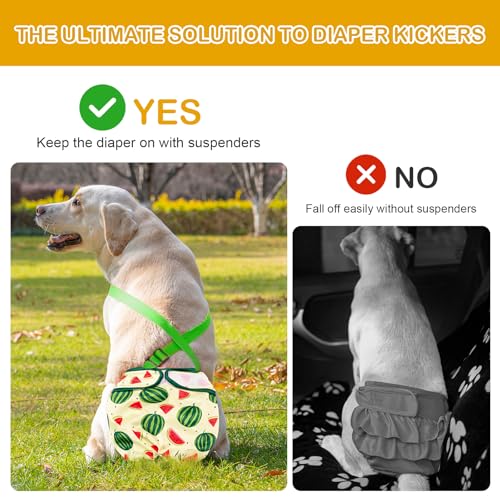 Avont 3 Pack Washable Female Dog Diaper with Suspender, Reusable Girl Doggie Diapers for Small Medium Large Doggy in Heat Cycle Period Incontinence - color: Yellow/Pink/Green…, size: L