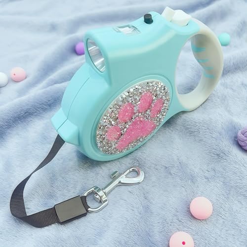 Led Retractable Dog Leash – 16ft Leash with Handcrafted Sparkle Detail Tangle-Free One-Hand Brake Soft Grip Handle for Small & Medium Dogs Up to 77lbs (DL-Lake Blue) - color: DL-Lake Blue