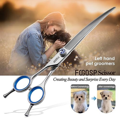 Left Handed Curved Scissors for Dog Grooming Professional 8 inch Long Downward Curved Shears Grooming for Poodle Large Dogs Pet 30°Japanese 440C Stainless Steel (8.0 curved) - size: 8.0 inch, style: Curved Shears