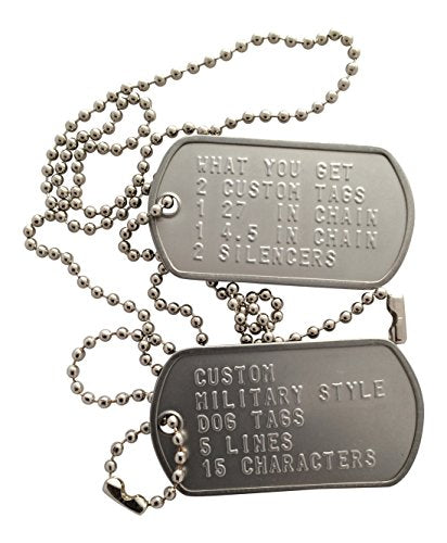 Custom Military Style Dog Tags | Shiny Finish | Made in USA | 2 Tags with Stainless Chains and Silicone Silencers
