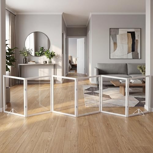Extra Wide Clear Dog Gate，6 Panel (107.957" W*24.61" Tall) Wooden Dog Gate, Clear Acrylic Pet Gate，Transparent Freestanding Pet Gate for Doorways Stairs - size: 108" W*24.61" Tall (6 Panel)
