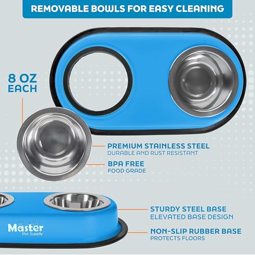 Master Pet Supply Double Dog Bowls Set with Elevated Base and 2 (8 oz) Stainless Steel Removable Dishes (True Blue) – Double Cat Food Water Bowl, Dog Puppy Food Bowl Set, Rust Resistant - color: True Blue