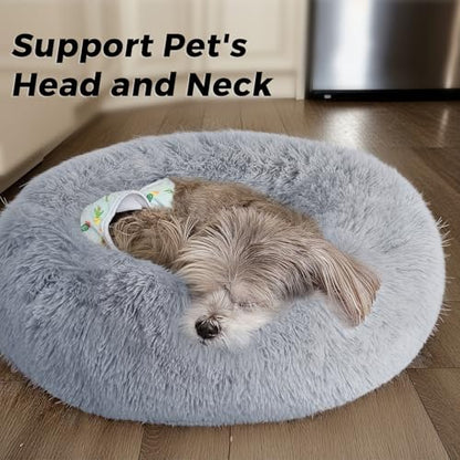 Calming Round Dog Bed & Cat Bed with Anti-Slip Bottom, Medium Size Washable Anti-Anxiety Donut Dog Beds for Small Dogs & Cats, Fluffy Plush Soft Dog Bed(24 Inch, Light Grey) - color: Light Grey, size: 24"l x 24"w x 8"th
