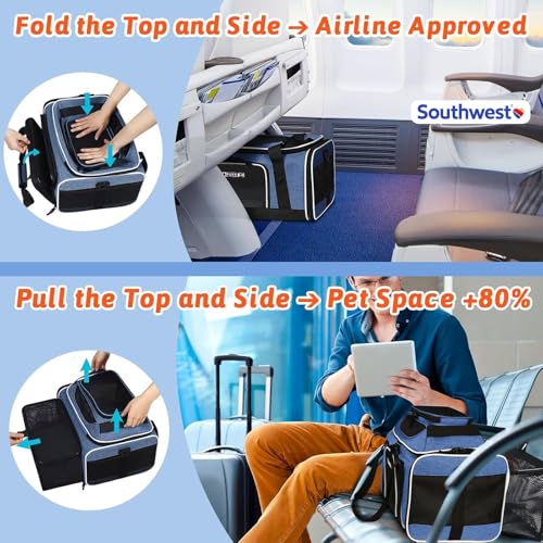Petskd Top and Side Expandable Pet Carrier 18x13x9.5 Inches Southwest Airline Approved, Soft-Sided Carrier for Small Cats and Dogs with Locking Safety Zippers and Anti-Scratch Mesh(Blue) - color: Blue, size: 18.0"L x 13.0"W x 9.5"H