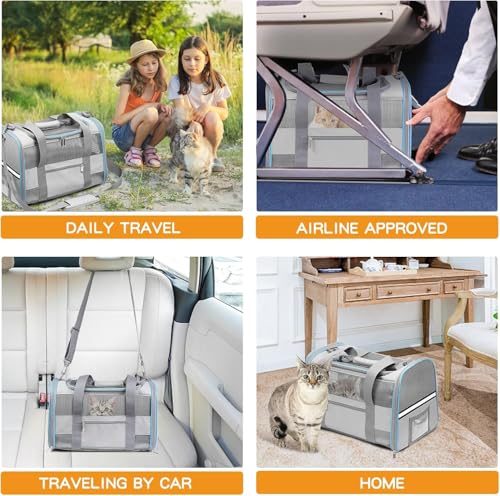 Soft-Sided Cat Carrier for Pets Up to 15lbs, Airline Approved Under-Seat Travel Carrier, 17x12x11 Inch, TSA Approved with Collapsible Bowl, Breathable Mesh & Removable Pad, Lightgrey - color: LightGrey