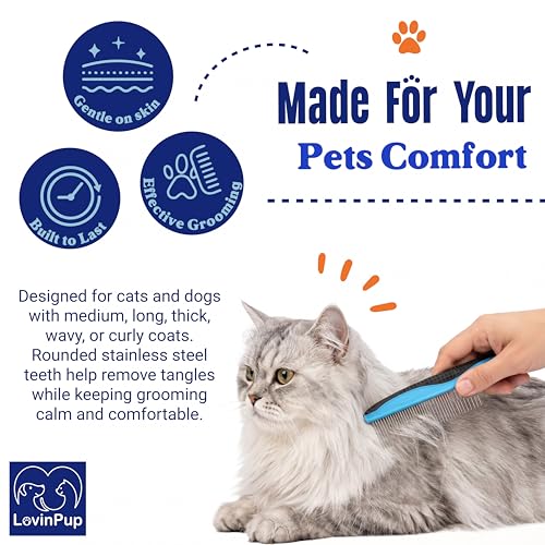 Pet Metal Comb for Dogs and Cats (2-Pack) - Stainless Steel Rounded Teeth for Painless Detangling - Dual-Spacing for Small & Large Pets with Comfort Grip Handle - Professional Grooming Tools - size: Comb