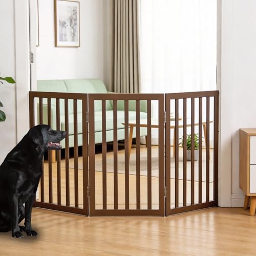 Dog Gate Indoor, Freestanding Dog Fence for The House, Doorways, Hallways,or Stairs,Pet Gate Foldable Wooden,Expandable 32" Height 3 Panels,Brown - color: Brown, size: 【3 Panels】60‘’w x 32''h