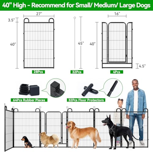 Dog Playpen Outdoor 32 Piece Panels Heavy Duty Dog Fence 40" Height Anti-Rust with Doors Portable for RV Camping Yard, Total 71FT, 406 Sq.ft, Snowy Black - style: 27"W x 40"H