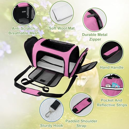 Soundy Large Cat Carrier Dog Carrier Under 25 Lbs,Collapsible Ventilated Portable Pet Bag with Soft Sided Breathable Mesh for Long Car Trips Maxi Load 2 Kittens or Small, Medium Dog (Large Pink) - color: Pink