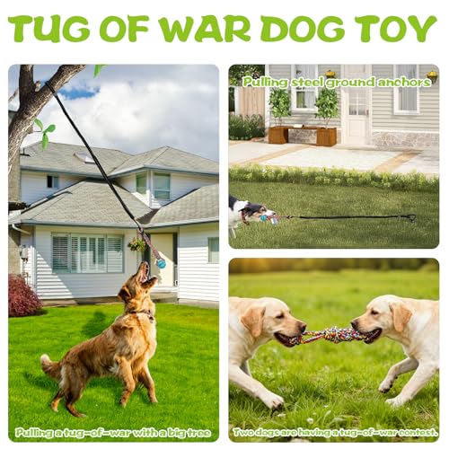 Tether Tug Outdoor Dog Toy with Upgraded Steel Stake & Adjustable Safety Rope, Includes 3 Chew Toys , Durable Interactive Tug of War Bungee Rope Toy for Large, Medium & Small Dogs on Lawns or Trees