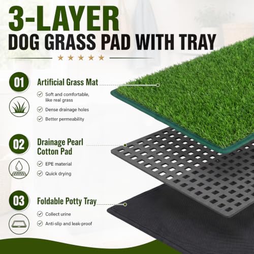 Zhehao Dog Grass Pad with Tray for Small Medium Dogs, 33.8 x 24 Inch Artificial Turf Potty with 17 Inch High Wall, Foldable Indoor Dog Litter Box Pee Pad Holder for Apartment Balcony Rv Training