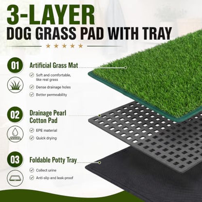 Zhehao Dog Grass Pad with Tray for Small Medium Dogs, 33.8 x 24 Inch Artificial Turf Potty with 17 Inch High Wall, Foldable Indoor Dog Litter Box Pee Pad Holder for Apartment Balcony Rv Training