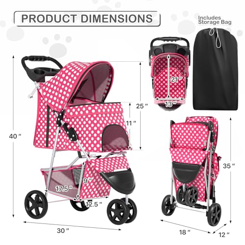 MoNiBloom 3 Wheels Pet Dog Cat Stroller for Small Medium Dogs Cats, Foldable Jogger Stroller w/Storage Basket and Cup Holder, Hot Pink Polka Dots - color: Hot Pink Polka Dots