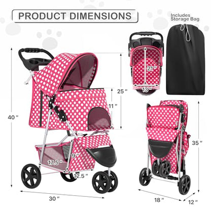 MoNiBloom 3 Wheels Pet Dog Cat Stroller for Small Medium Dogs Cats, Foldable Jogger Stroller w/Storage Basket and Cup Holder, Hot Pink Polka Dots - color: Hot Pink Polka Dots