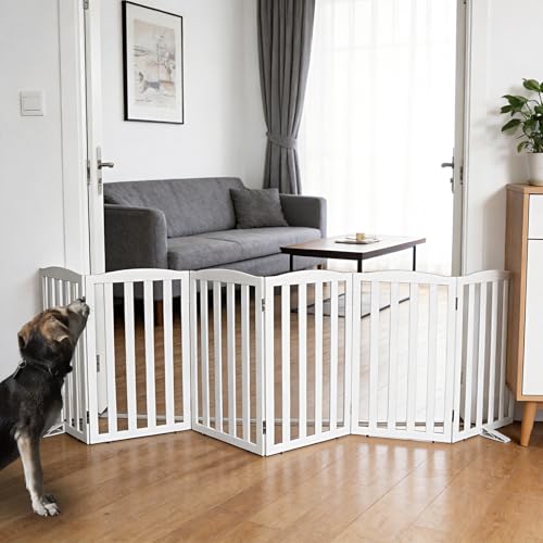 Freestanding Dog Gate Indoor,Doggie Gate Foldable Dog Gates for Doorways,Stairs or Hallways, Wooden White Pet Gate for The House, Pet Fence with Support Feet Included,32 "Height-6 Panels - color: White, size: 【6 Panels】120‘’w x 32''h