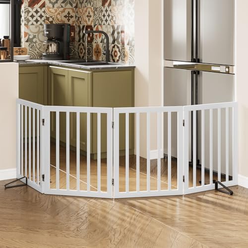 Wooden Dog Gate Freestanding Foldable Pet Gate 4 Panel Fully Assembled Dog Gates for Doorways House Stairs - color: White, size: 4 Panel - 74 inches Wide