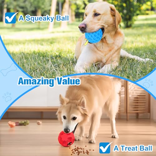 2-in-1Indestructible Dog Toy Balls for Aggressive Chewers, Interactive 3.15”Squeaky Dog Balls and 3.54”Treat Dispensing Ball to Keep Them Busy, Chew Toys for Large Dogs, Enrichment Toy - color: Red Blue