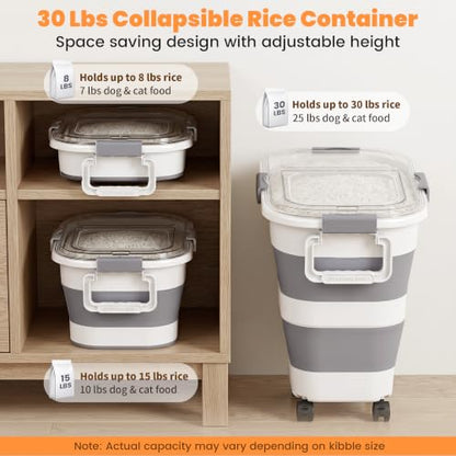 30 Lbs Rice Storage Container with Wheels, Collapsible Airtight Dog Food Storage Container with Transparent Lid, Measuring Cup, Scoop, Handle, BPA Free Rice Holder for Pet Food, Grain, Bird Seed - color: Grey/30lbs