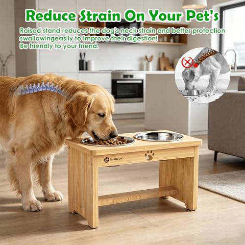 SHAINFUN Elevated Dog Bowls with Slow Feeder & Mat for Medium and Large Dogs, 10" Tall Wooden Raised Dog Bowl Stand, 2 Stainless Steel 58oz Bowls for Food & Water