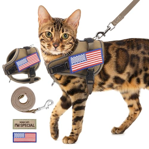 PUPTECK Tactical Cat Harness and Leash Set Escape Proof, Adjustable Reflective Kitten Jacket Easy Control, Pet Vest Harness for Cats Small Dogs Puppies Walking and Travel - color: Khaki, size: Small