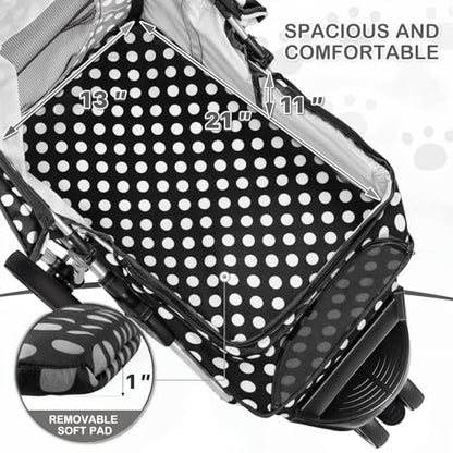 MoNiBloom 3 Wheels Pet Dog Cat Stroller for Small Medium Dogs Cats, Foldable Jogger Stroller w/Storage Basket and Cup Holder, Black Polka Dots - color: Black Polka Dots