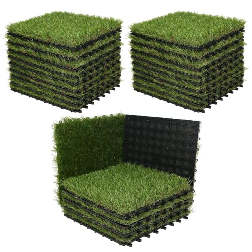 XLX TURF Artificial Grass Turf Tiles Interlocking Set 27 Pieces, Square Fake Grass Tiles Self-draining for Pet Dogs Kennel Indoor/Outdoor Flooring Decor, 12"x12", 8 Buckle Systerm - color: 8 Buckle Lock Tile-Green, size: 12"x12"/27 Piece