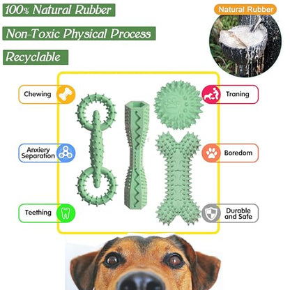 4 Pack Puppy Toys for 2-8 Months Pets Dog Chew Toy for Small Puppies Teething Toys for Cleaning Teeth Food Dispensing Soft Durable Rubber Bone Funny Ball Interactive Donut Treat Dumbbell (Green) - color: Green